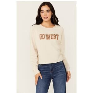 Blended “Go West” Western Gold Sparkle Sweatshirt, Cropped, Women’s Cream